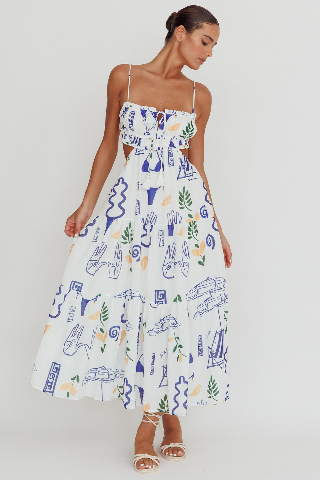 Eyona Cut-Out Back Print Maxi Dress White by Selfie Leslie
