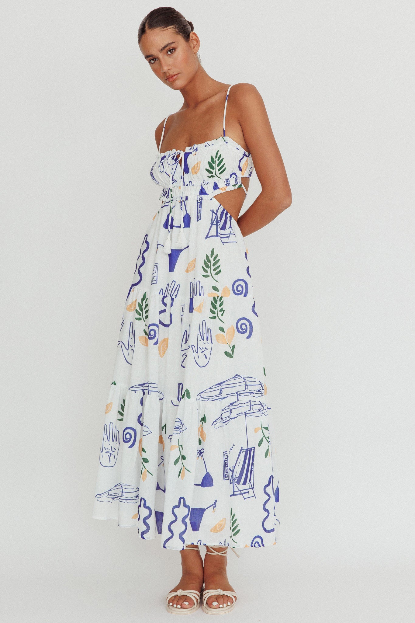 Eyona Cut-Out Back Print Maxi Dress White by Selfie Leslie