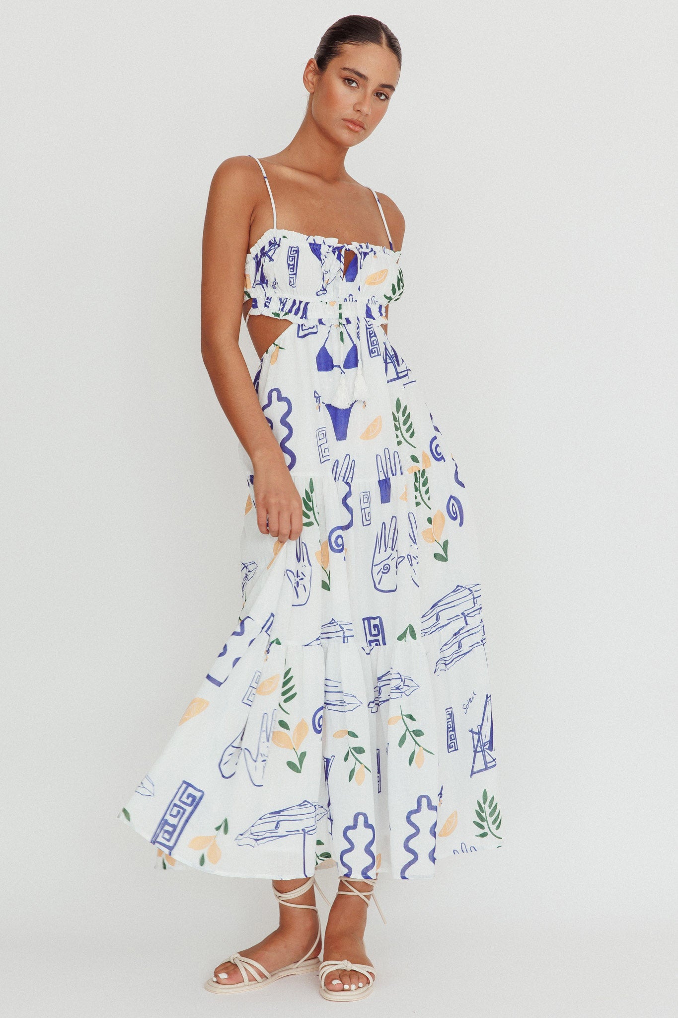 Eyona Cut-Out Back Print Maxi Dress White by Selfie Leslie
