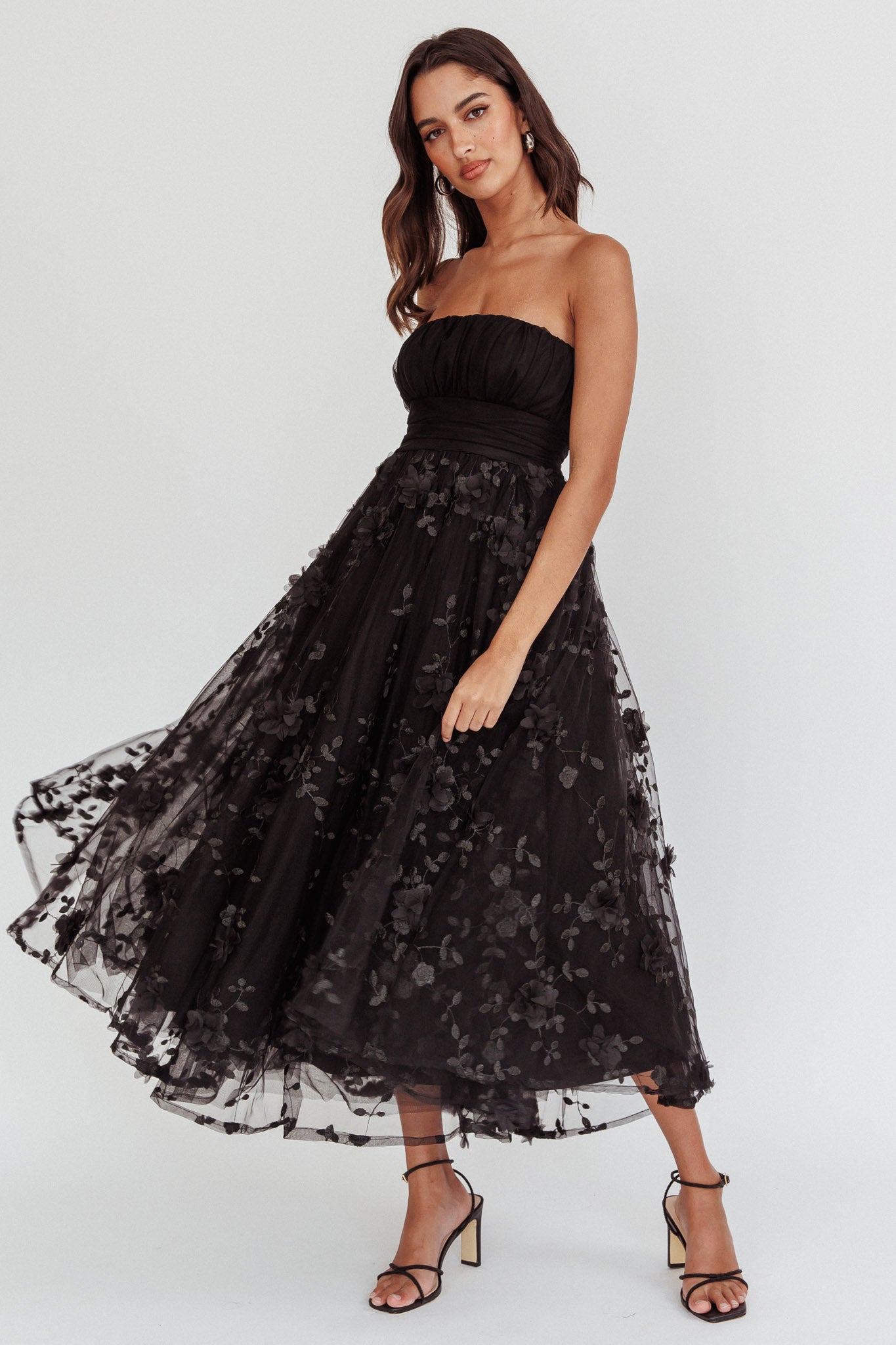 Shop the Fayette Strapless Mesh Midi Dress Embellished Black