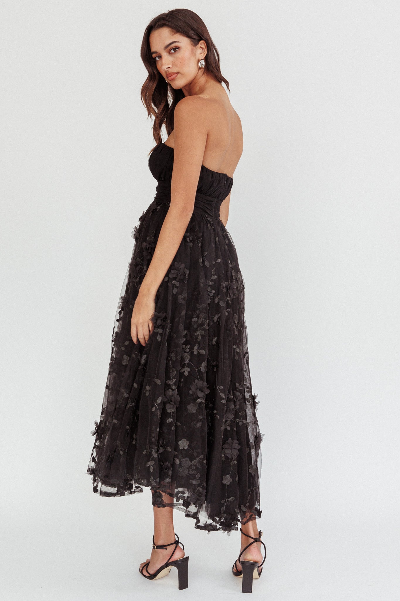 Fayette Strapless Mesh Midi Dress Embellished Black by Selfie Leslie