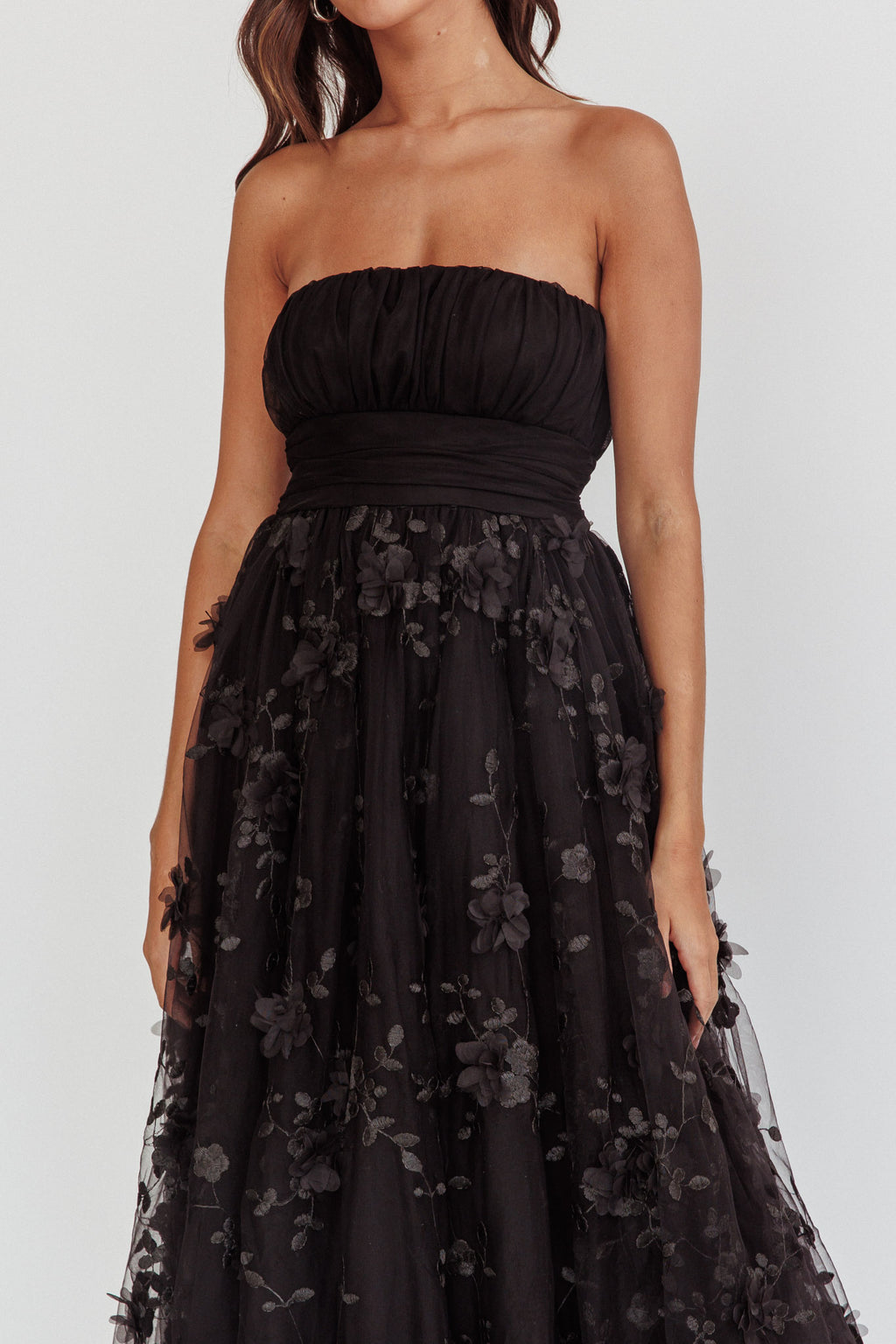 Fayette Strapless Mesh Midi Dress Embellished Black by Selfie Leslie