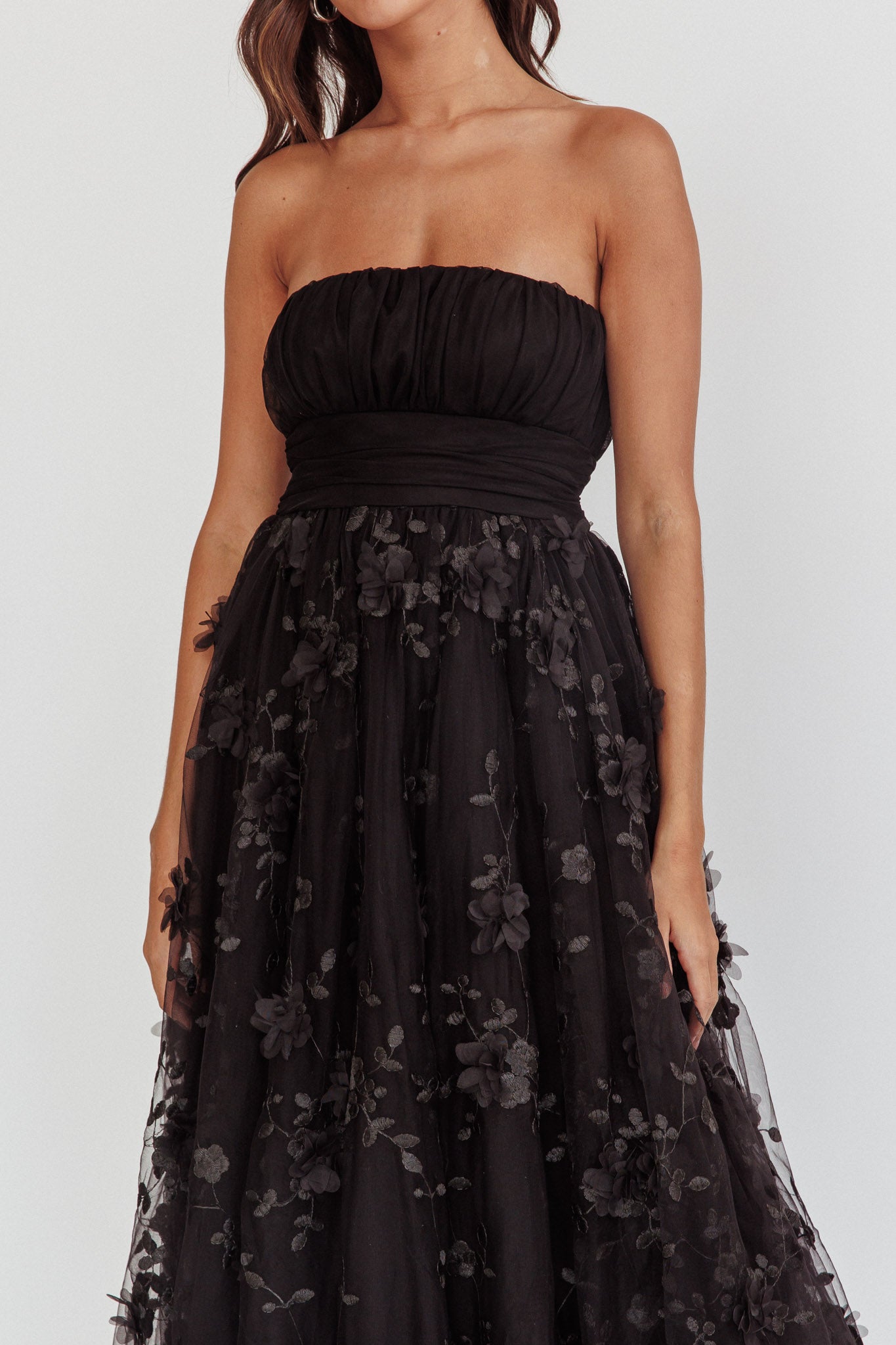 fayette strapless mesh midi dress Fayette Strapless Mesh Midi Dress Embellished Black
