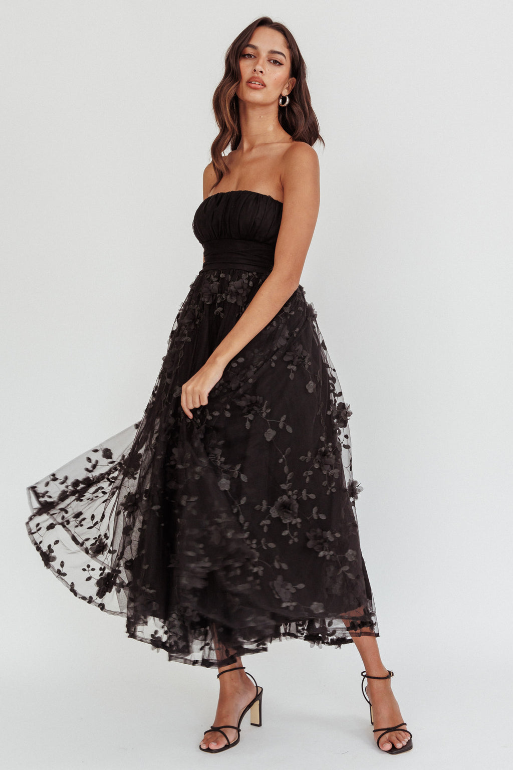 Fayette Strapless Mesh Midi Dress Embellished Black by Selfie Leslie