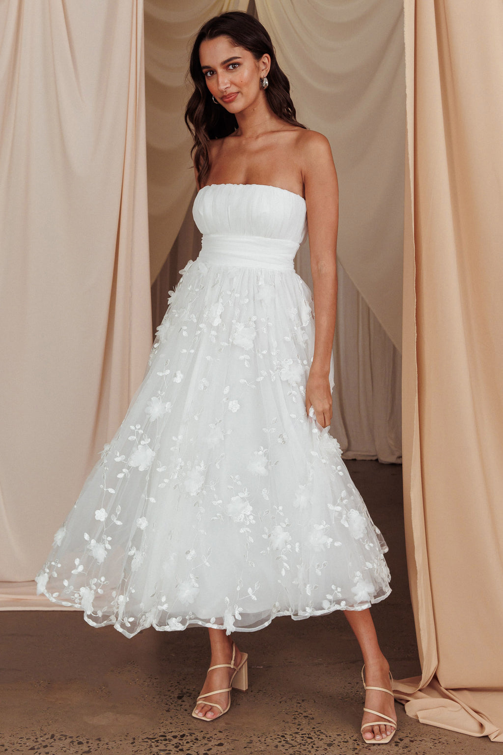 fayette strapless mesh midi dress Fayette Strapless Mesh Midi Dress Embellished White