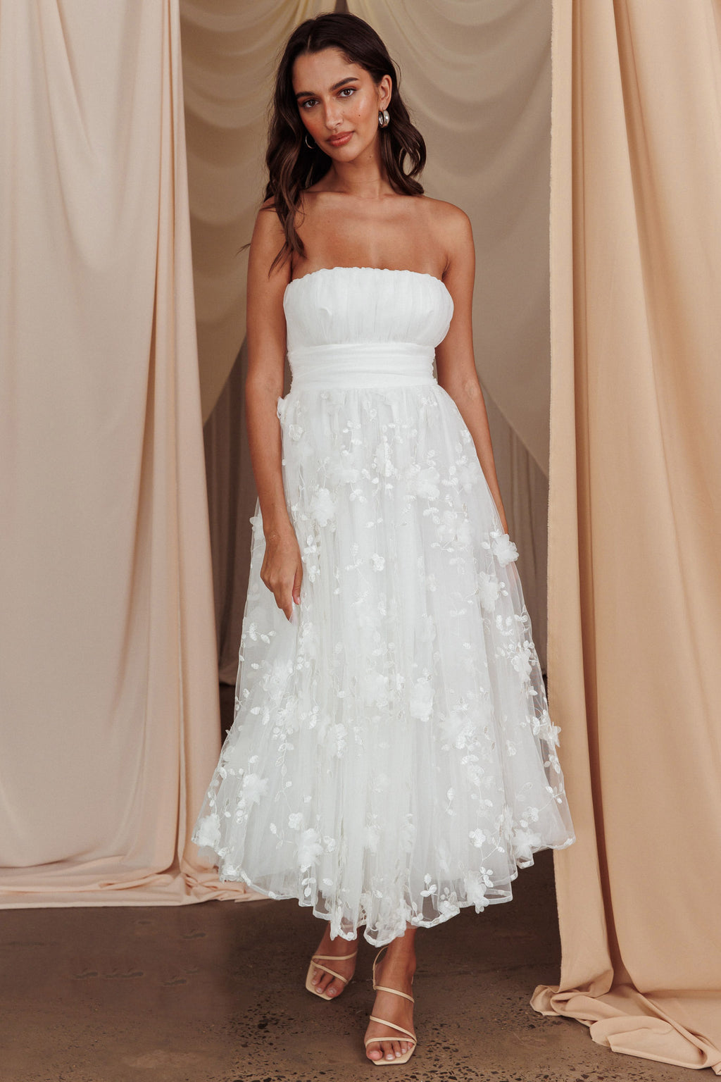 Fayette Strapless Mesh Midi Dress Embellished White by Selfie Leslie