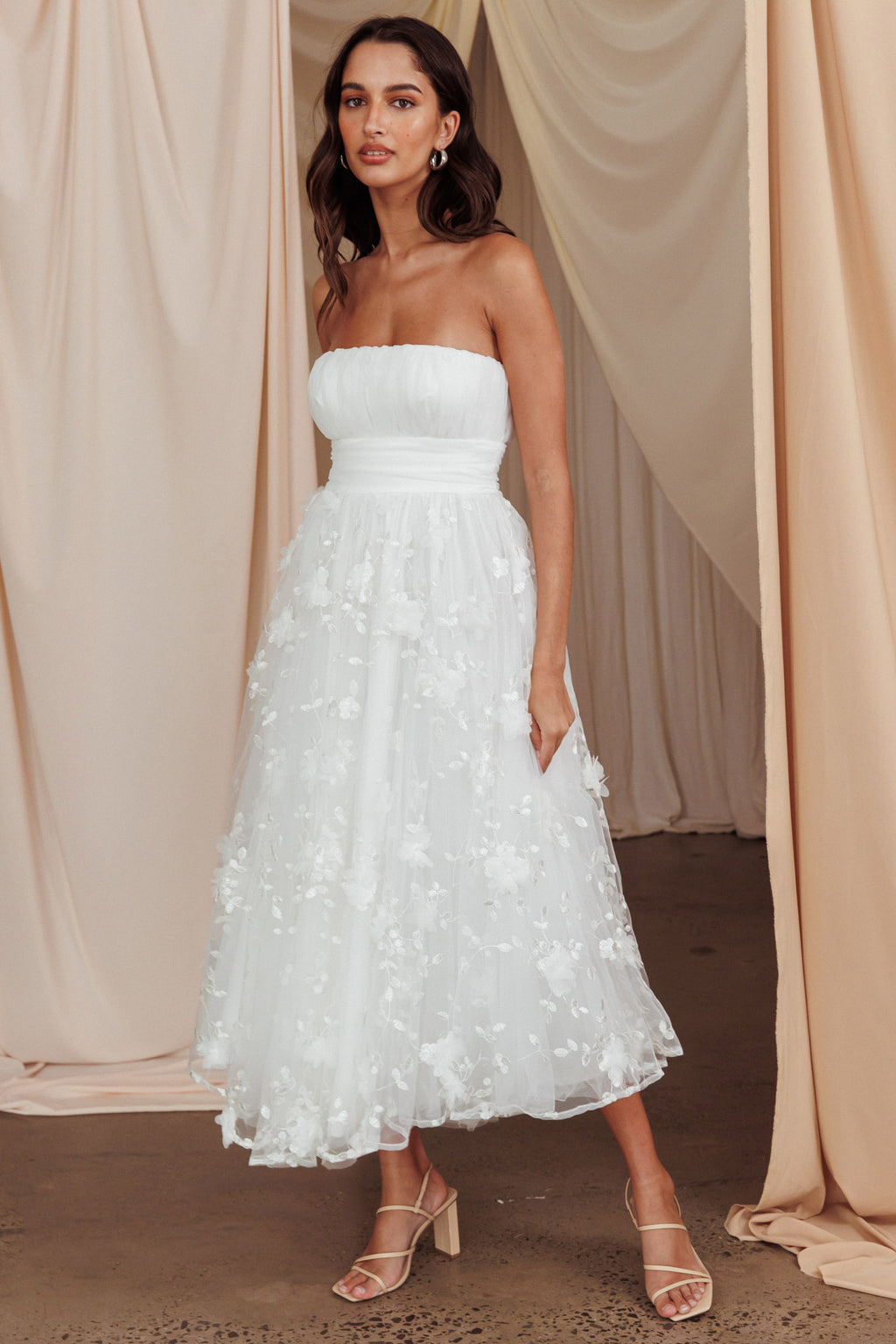 Fayette Strapless Mesh Midi Dress Embellished White by Selfie Leslie