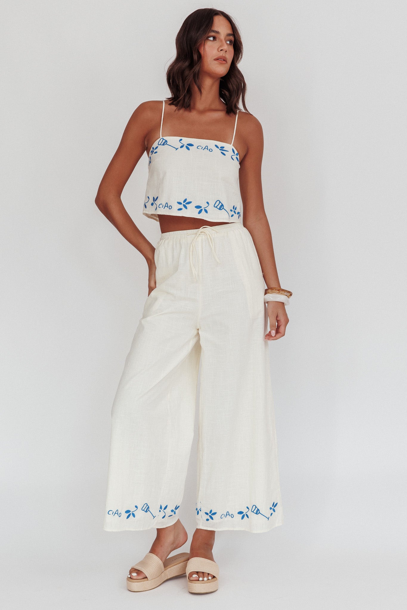 Sorrento Summer Embroidered Wide-Leg Pants Beige | Selfie Leslie