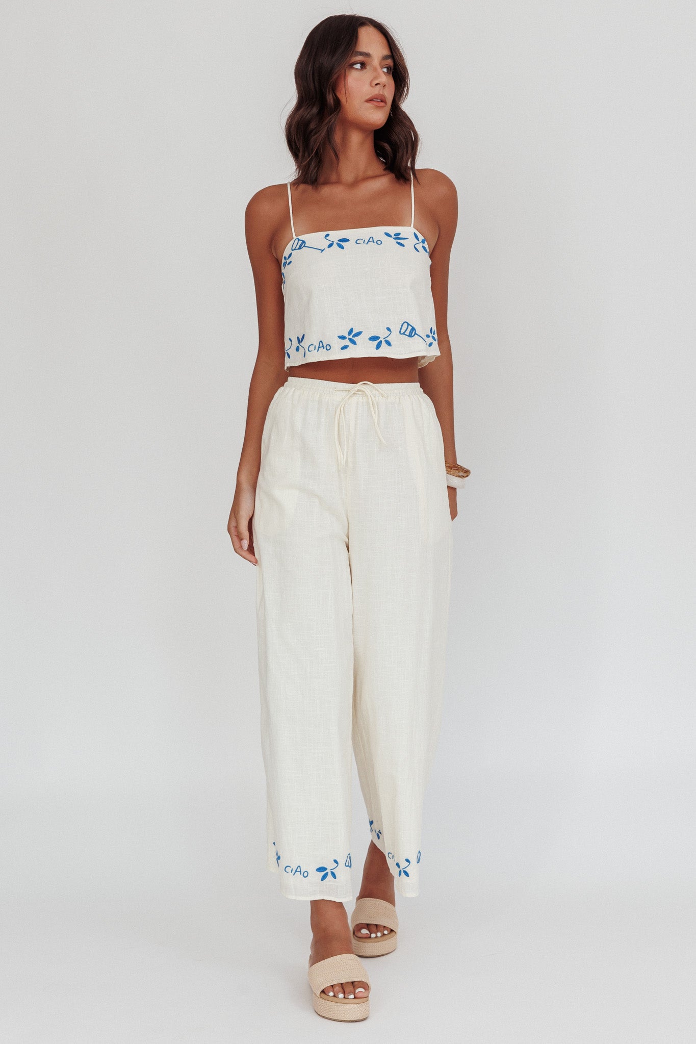 Sorrento Summer Embroidered Wide-Leg Pants Beige | Selfie Leslie