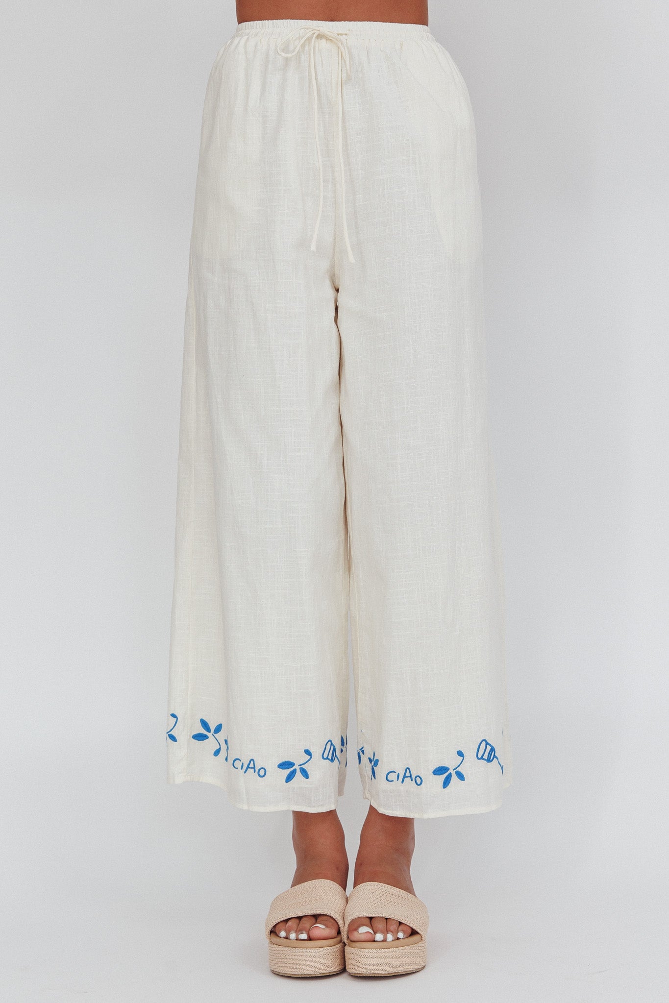 Sorrento Summer Embroidered Wide-Leg Pants Beige by Selfie Leslie