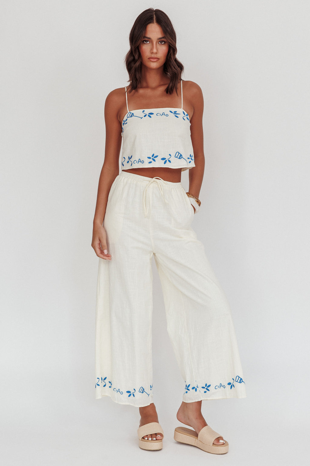 Sorrento Summer Embroidered Wide-Leg Pants Beige by Selfie Leslie