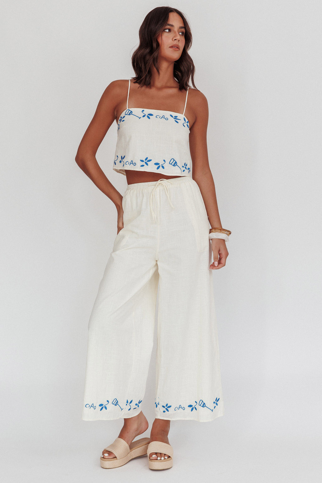 Sorrento Summer Embroidered Crop Top Beige by Selfie Leslie