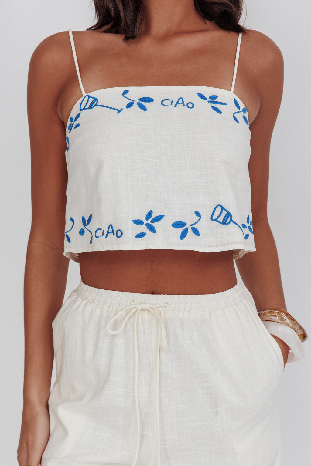 Sorrento Summer Embroidered Crop Top Beige by Selfie Leslie