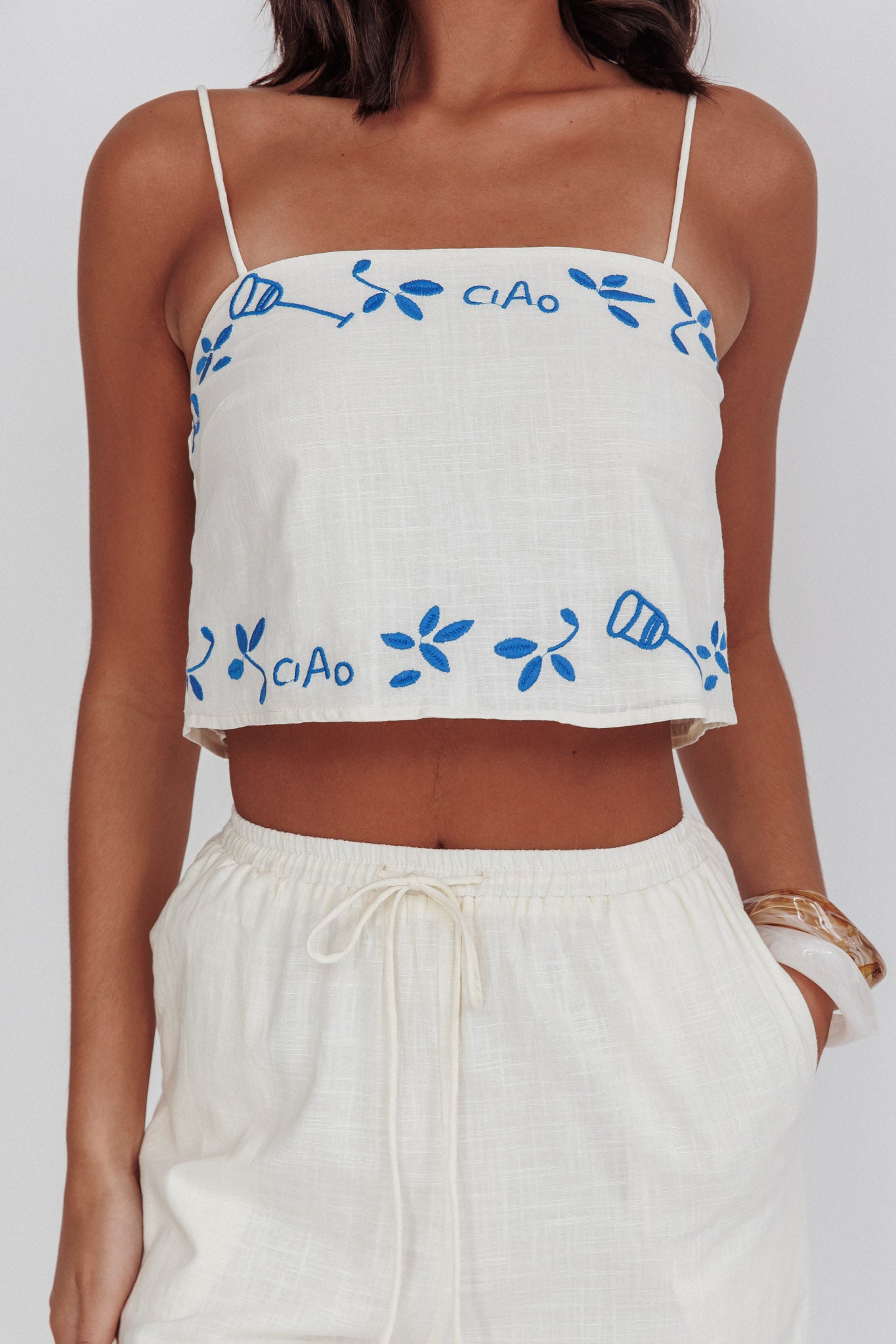 Sorrento Summer Embroidered Crop Top Beige by Selfie Leslie