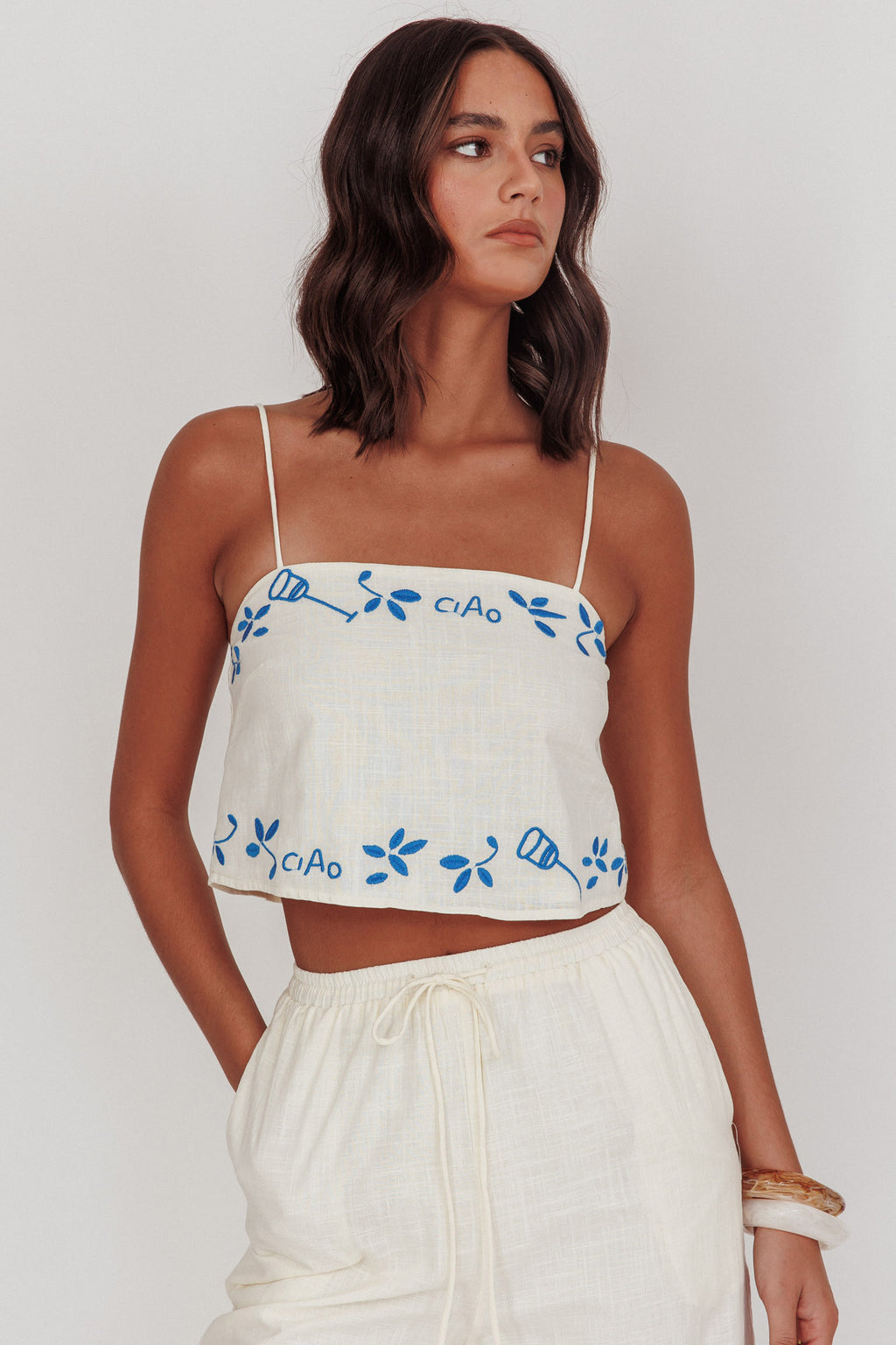 Sorrento Summer Embroidered Crop Top Beige by Selfie Leslie