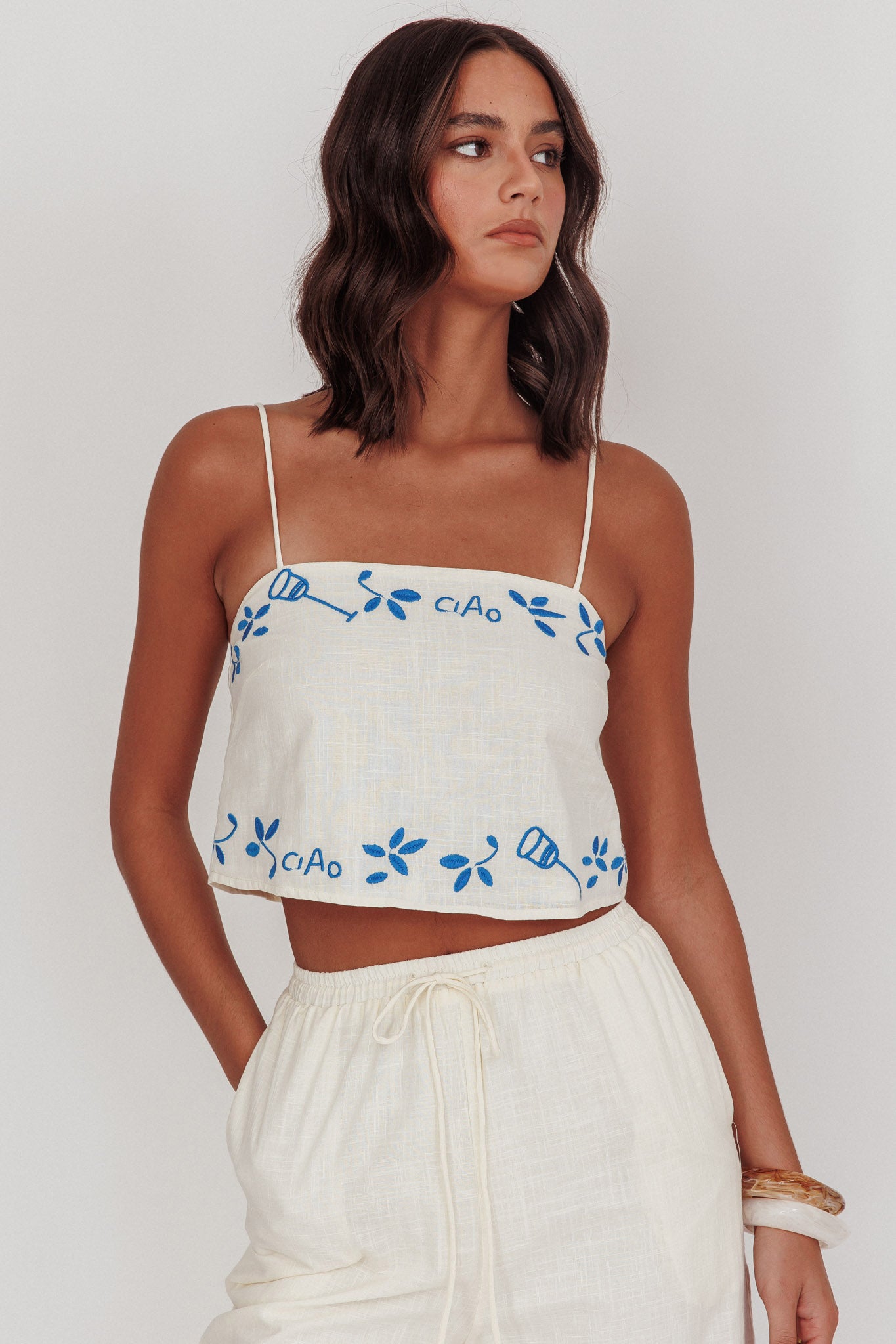 Sorrento Summer Embroidered Crop Top Beige by Selfie Leslie