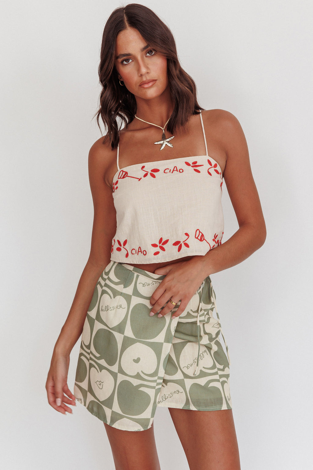Sorrento Summer Embroidered Crop Top Oat by Selfie Leslie