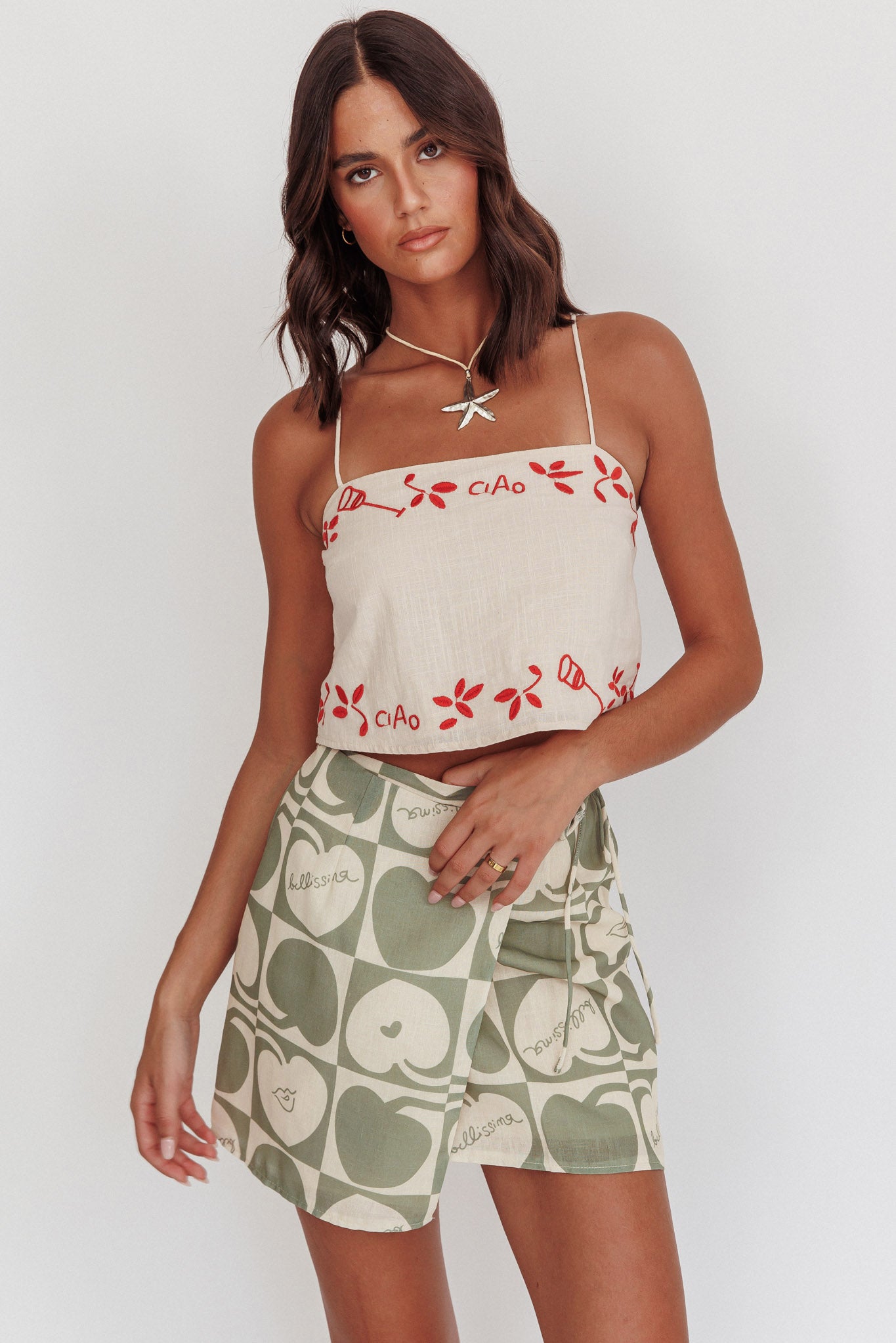 Sorrento Summer Embroidered Crop Top Oat by Selfie Leslie