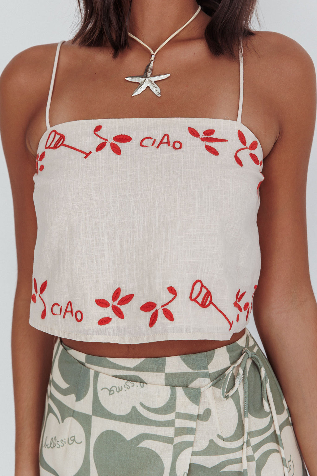 Sorrento Summer Embroidered Crop Top Oat by Selfie Leslie