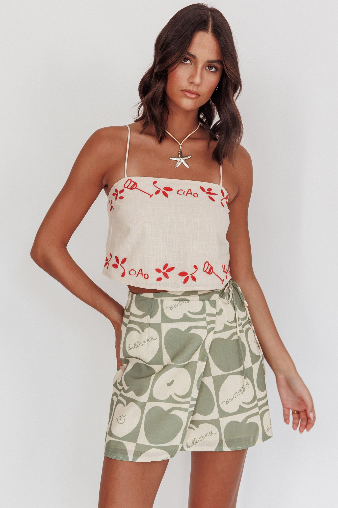 Sorrento Summer Embroidered Crop Top Oat by Selfie Leslie