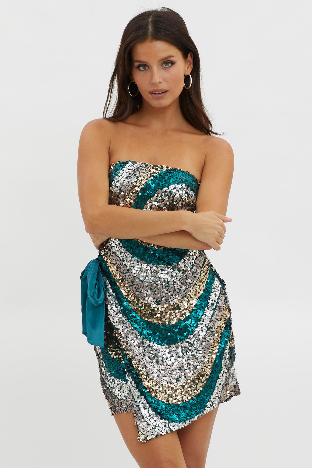 Eyes For You Waist Tie Mini Dress Sequin Green by Selfie Leslie