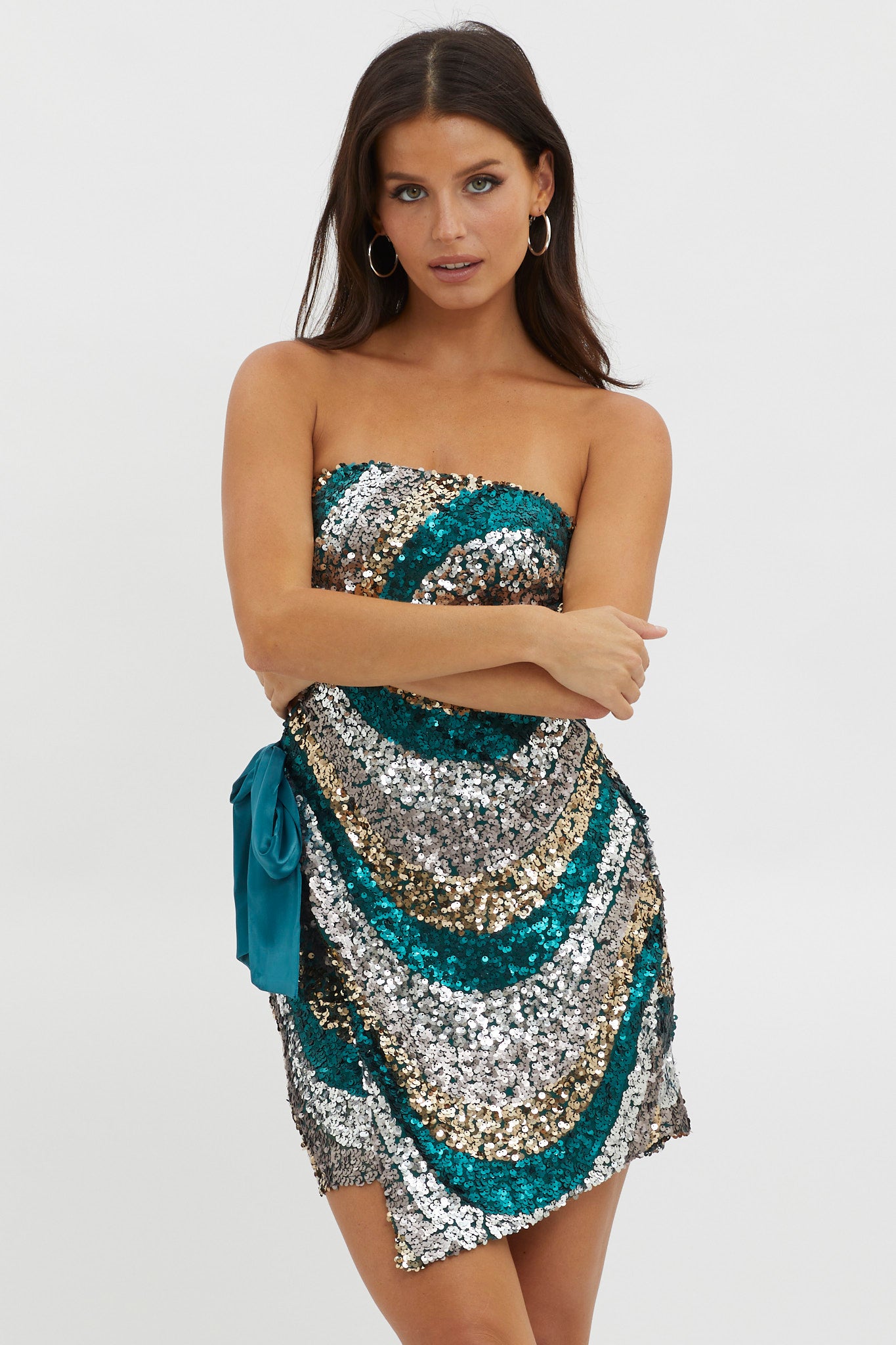 Eyes For You Waist Tie Mini Dress Sequin Green by Selfie Leslie