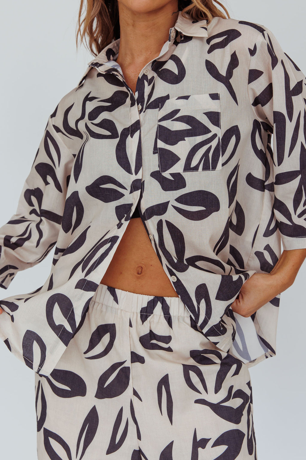 Just A Hunch Button Shirt Leaf Print Beige by Selfie Leslie