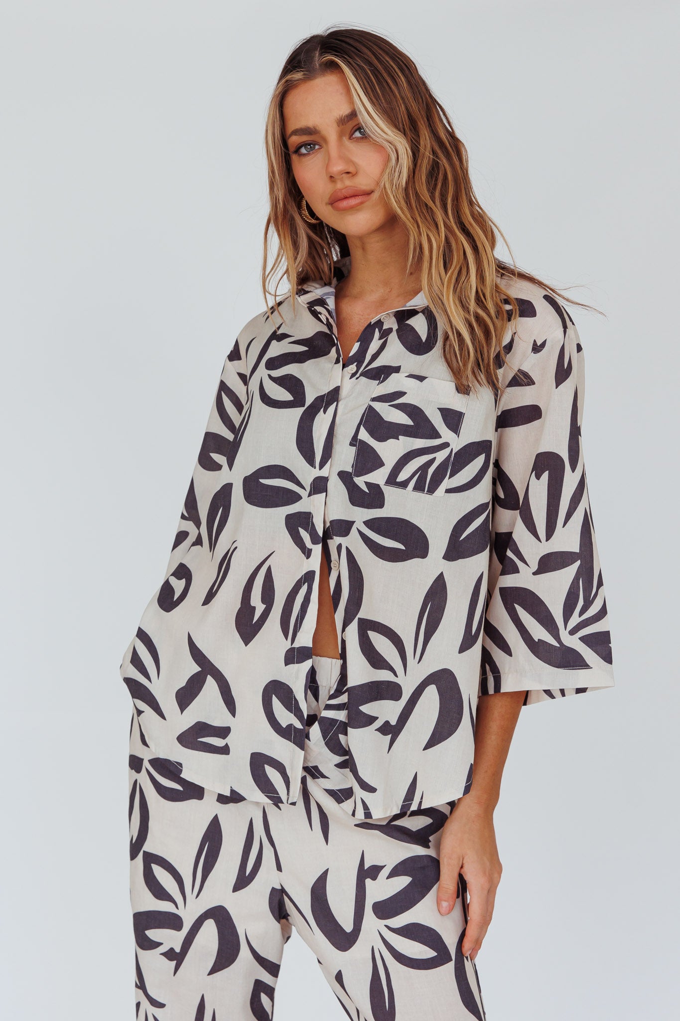 Just A Hunch Button Shirt Leaf Print Beige by Selfie Leslie