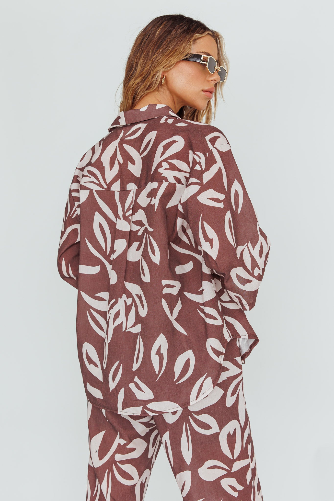 Just A Hunch Button Shirt Leaf Print Chocolate by Selfie Leslie