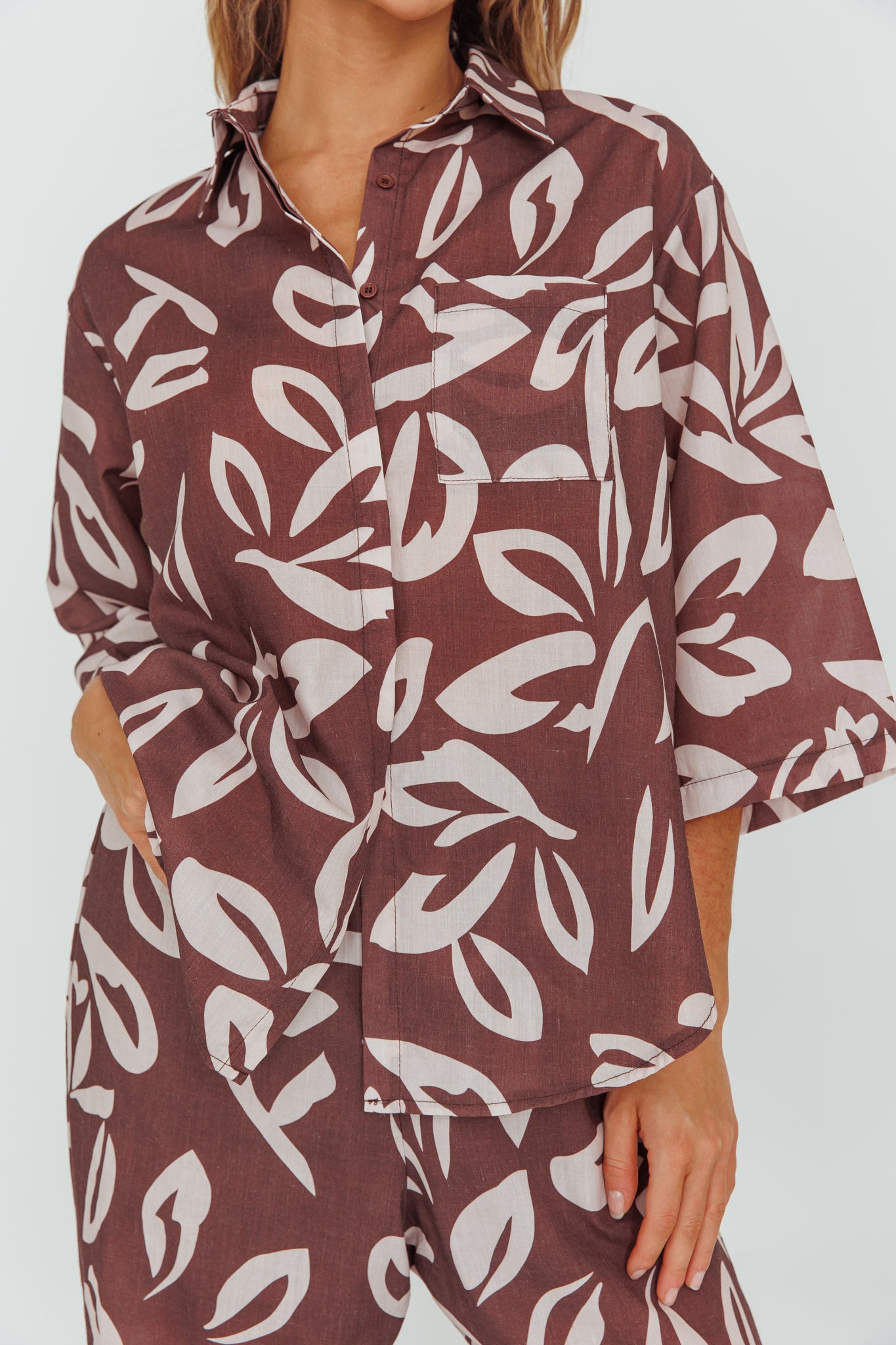 Just A Hunch Button Shirt Leaf Print Chocolate by Selfie Leslie