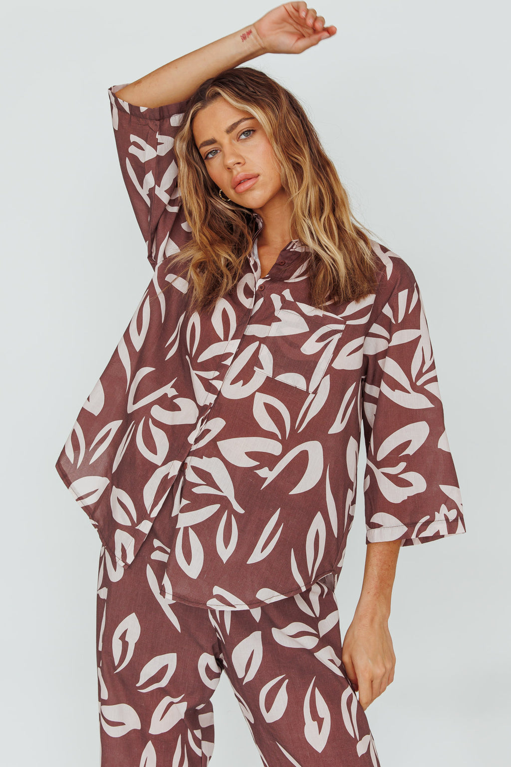 Just A Hunch Button Shirt Leaf Print Chocolate by Selfie Leslie