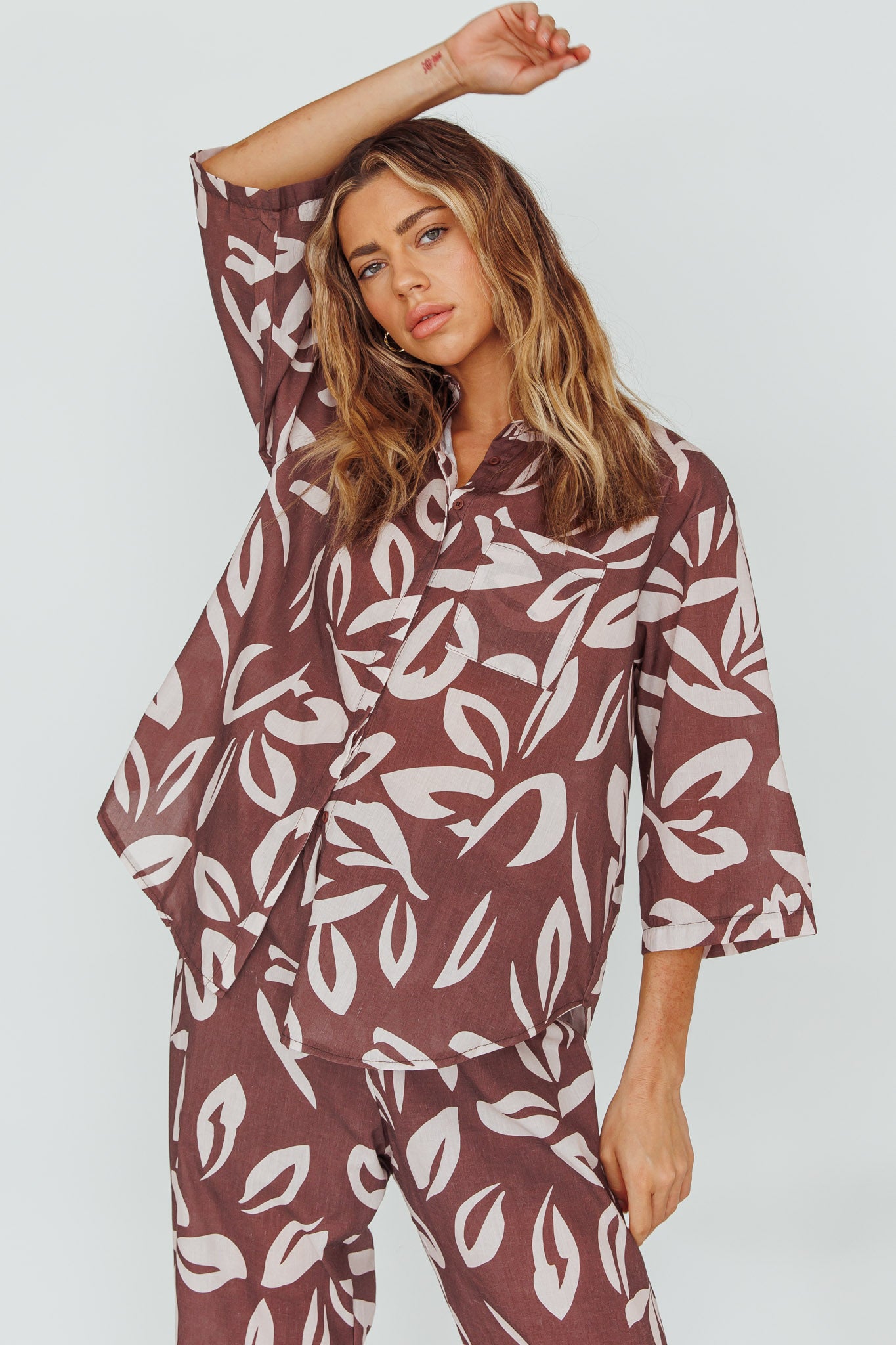 Just A Hunch Button Shirt Leaf Print Chocolate by Selfie Leslie