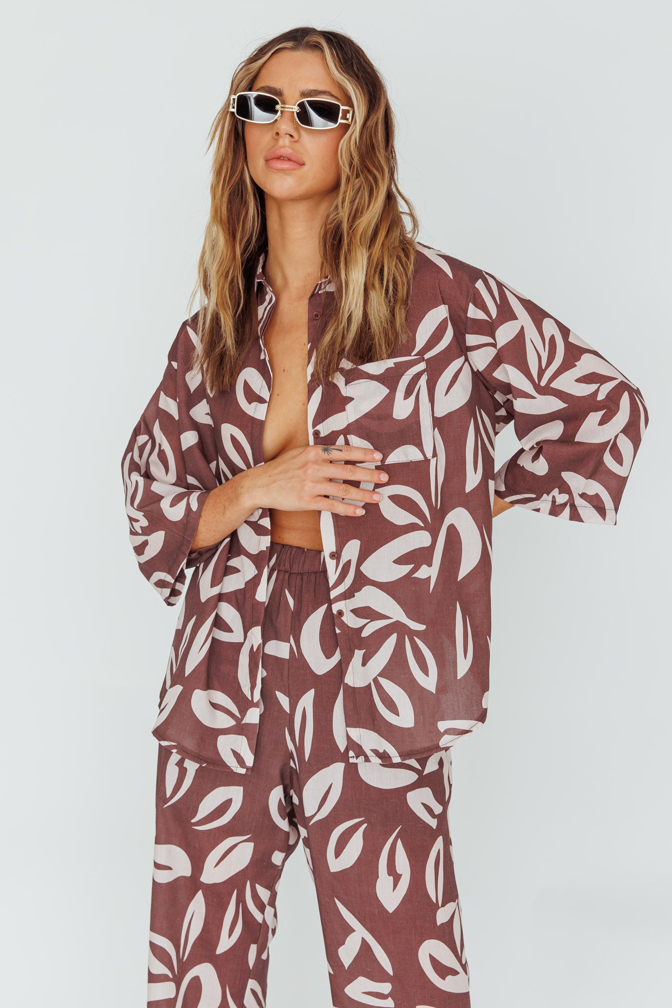 Just A Hunch Button Shirt Leaf Print Chocolate by Selfie Leslie