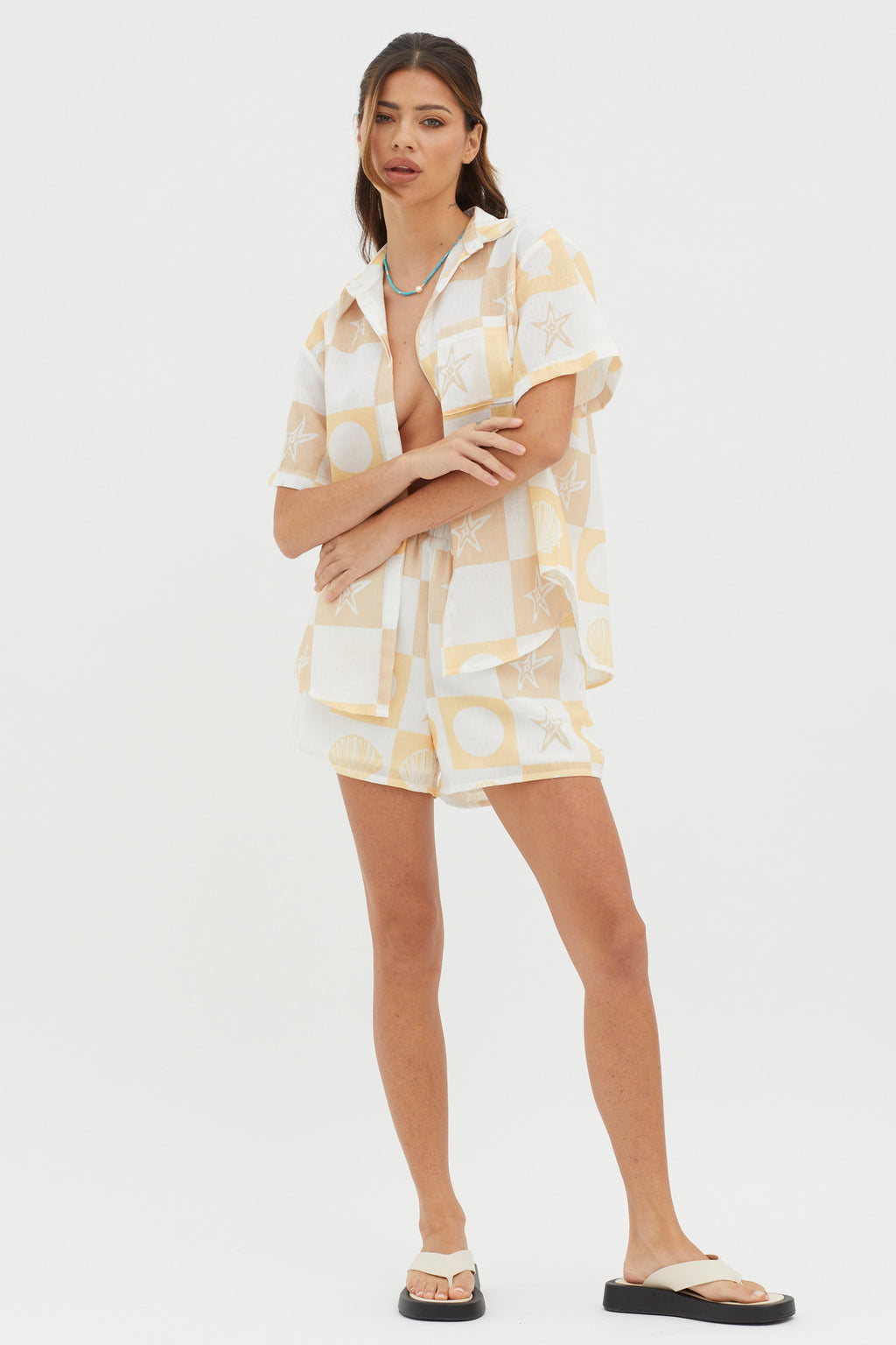 Just A Hunch Button Shirt Shell Print Yellow Multi by Selfie Leslie