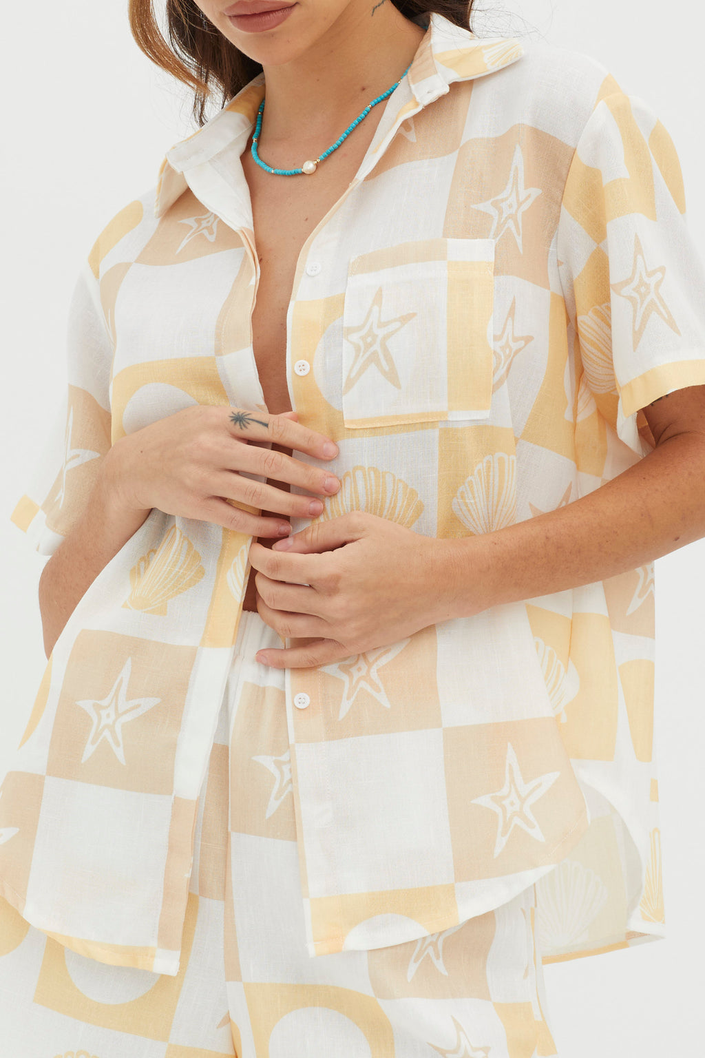 Just A Hunch Button Shirt Shell Print Yellow Multi by Selfie Leslie