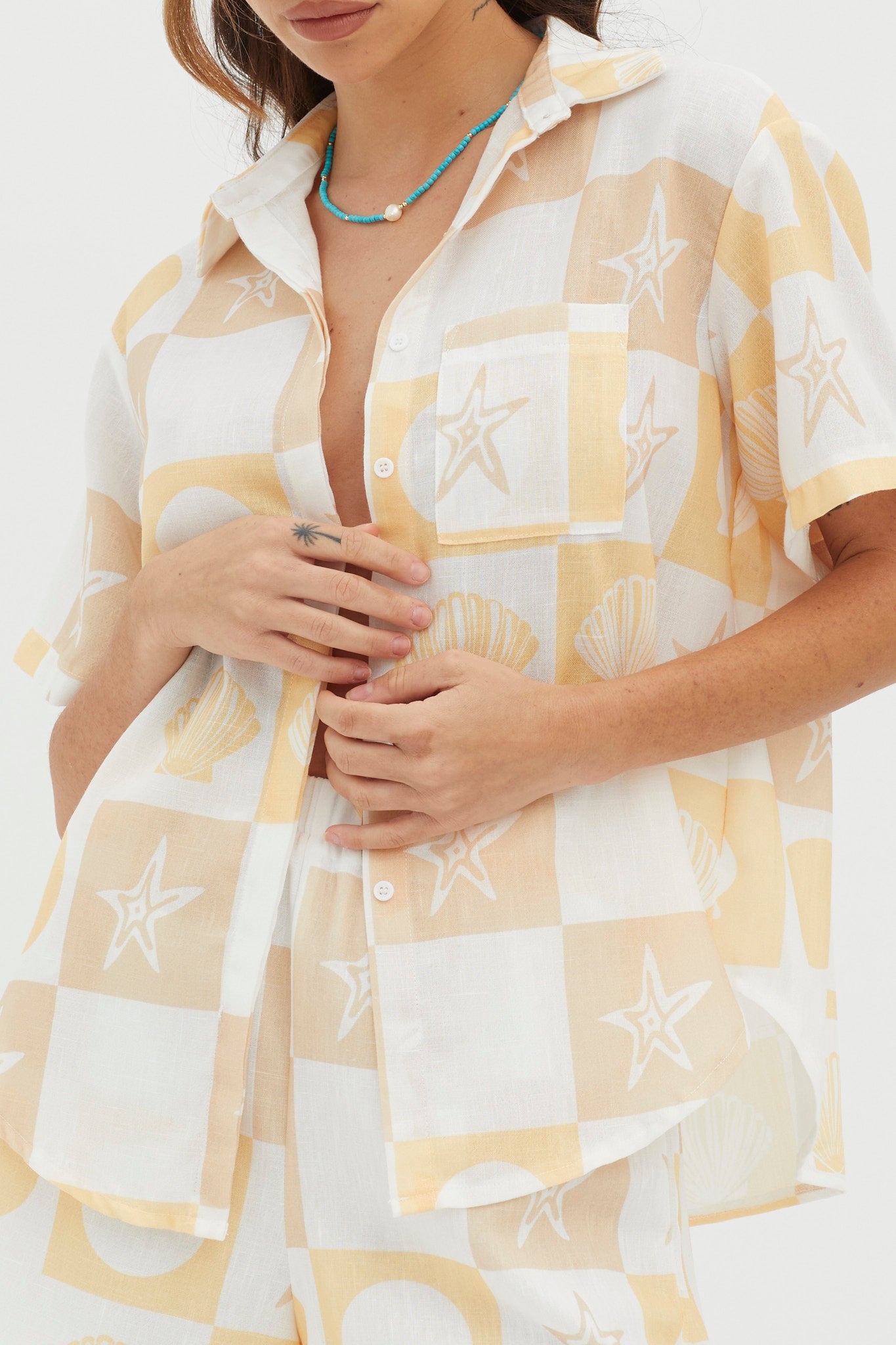 Just A Hunch Button Shirt Shell Print Yellow Multi by Selfie Leslie