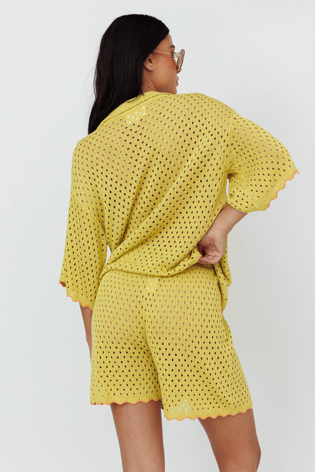 Just A Hunch Crochet Shorts Avocado/Pumpkin by Selfie Leslie