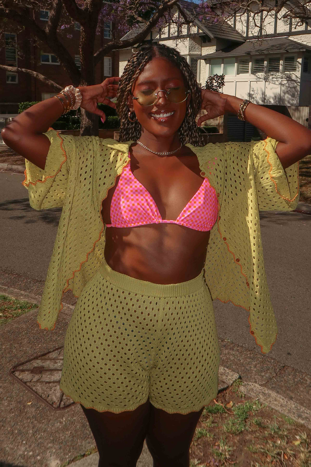 Just A Hunch Crochet Shorts Avocado/Pumpkin by Selfie Leslie