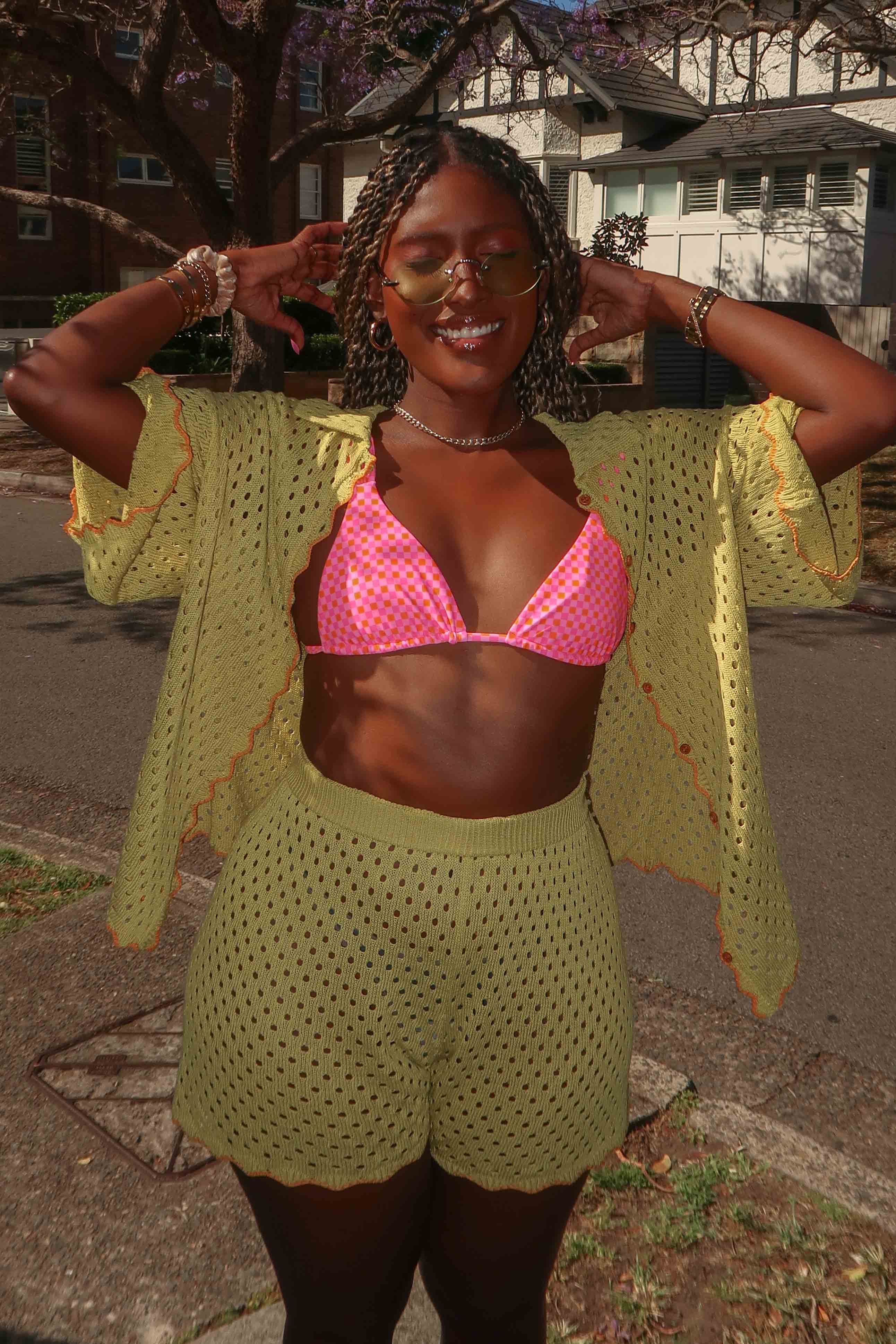 Just A Hunch Crochet Shorts Avocado/Pumpkin by Selfie Leslie
