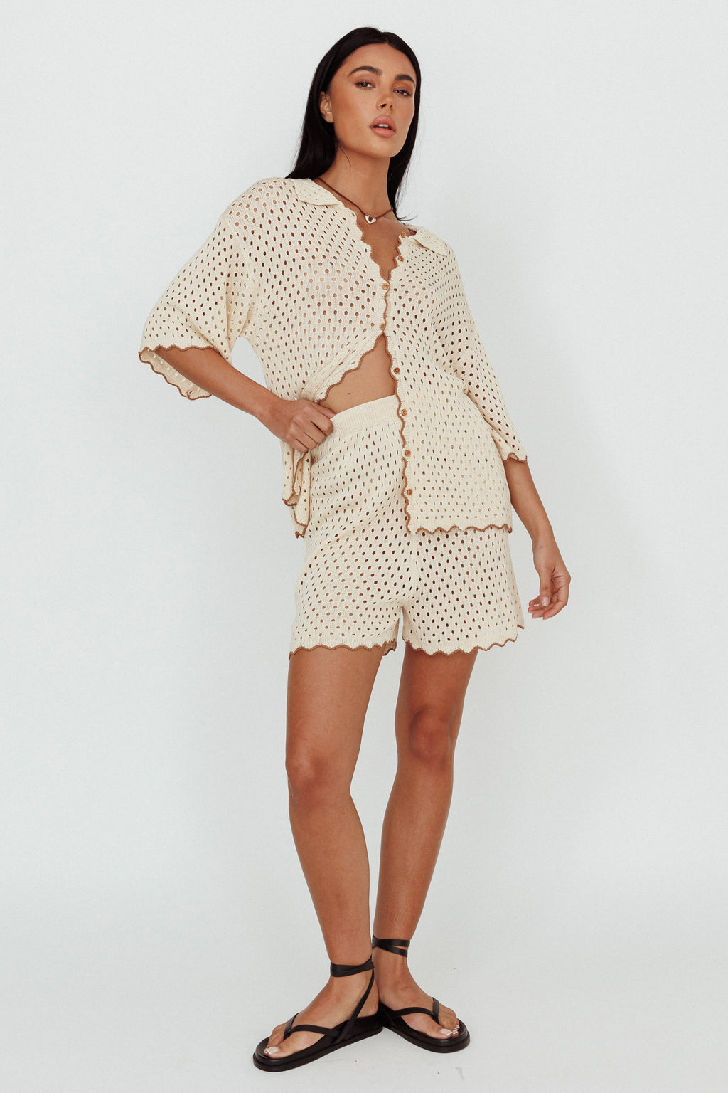 Just A Hunch Crochet Shorts Nutmeg/Shell by Selfie Leslie
