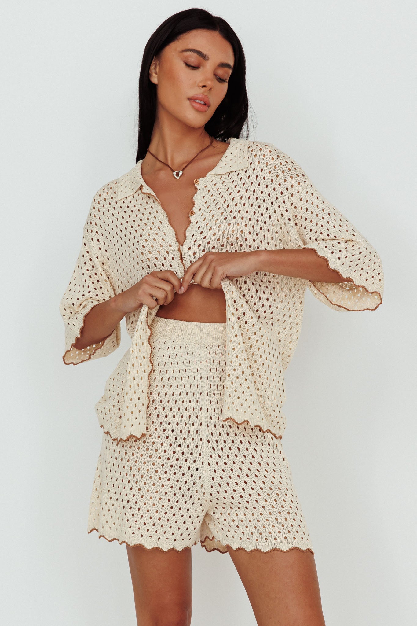 Just A Hunch Crochet Shorts Nutmeg/Shell by Selfie Leslie