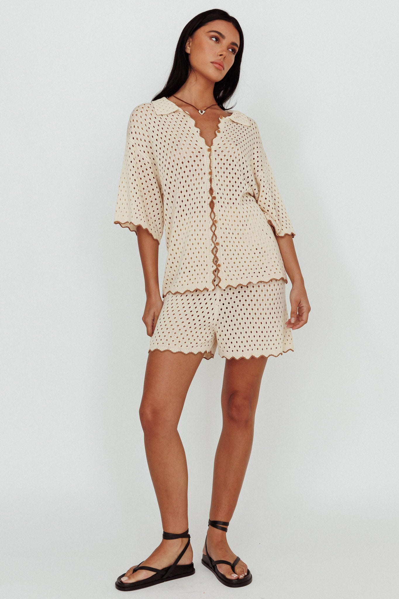 Just A Hunch Crochet Shorts Nutmeg/Shell by Selfie Leslie