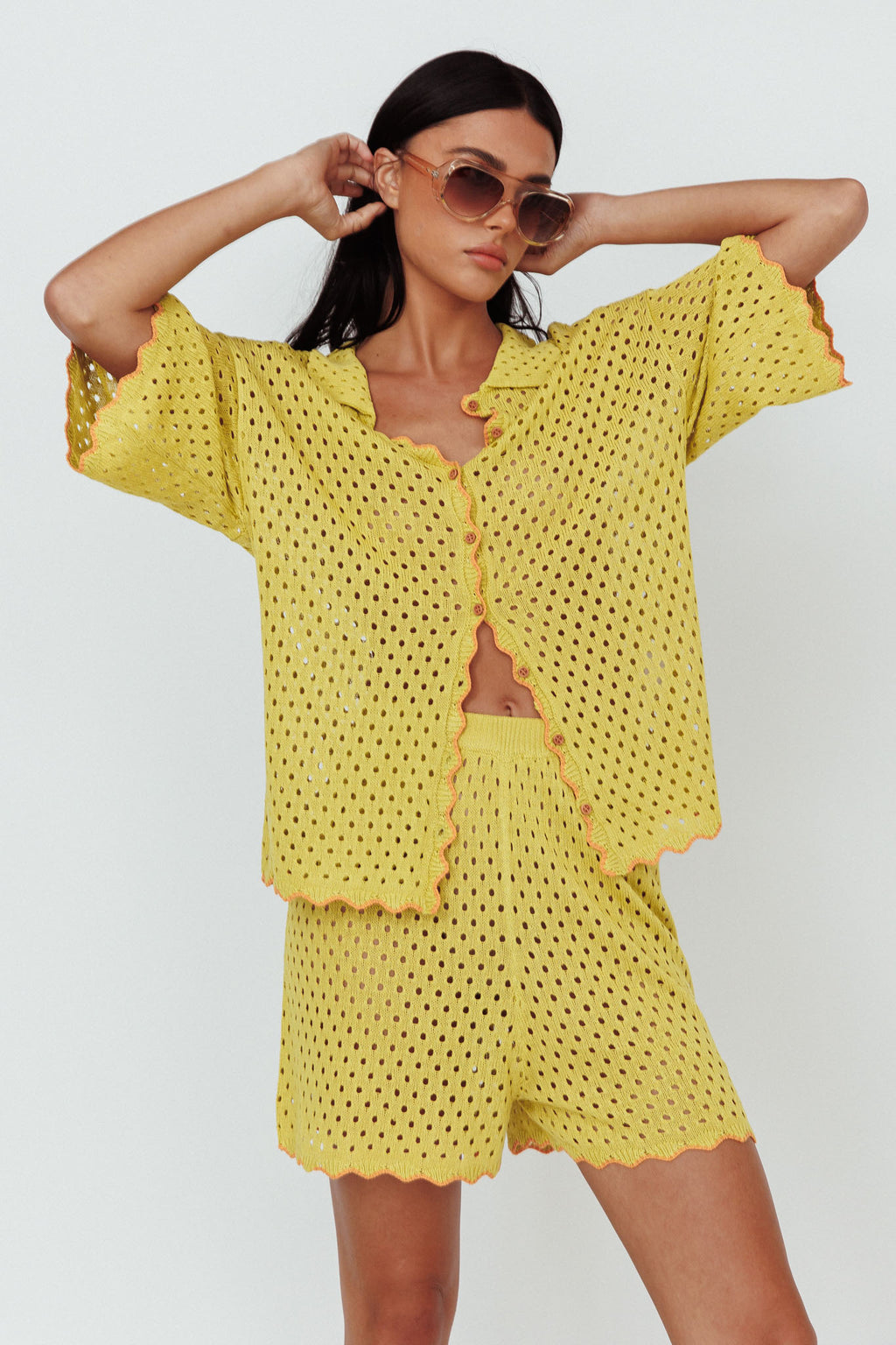 Just A Hunch Button Crochet Shirt Avocado/Pumpkin by Selfie Leslie