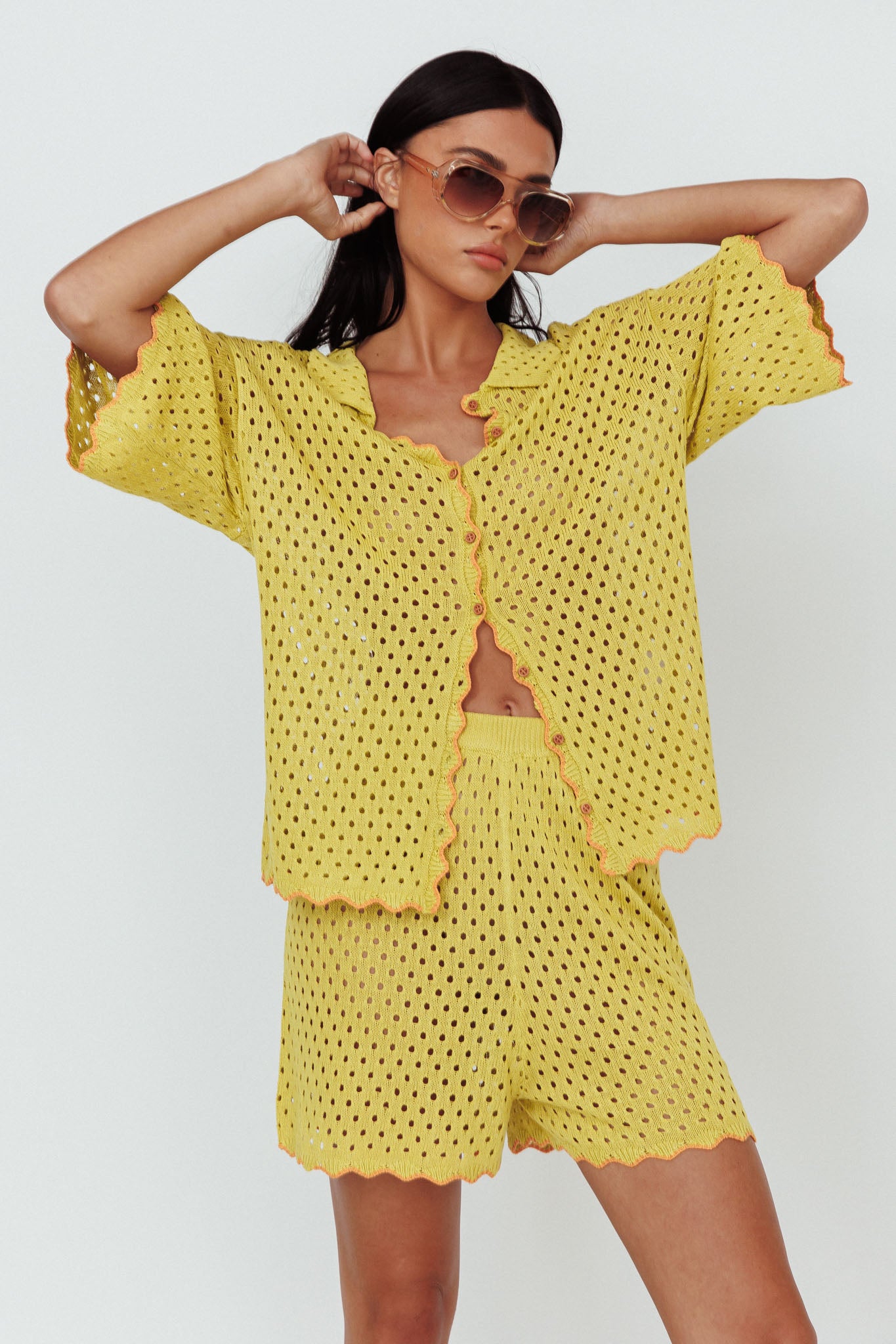 Just A Hunch Button Crochet Shirt Avocado/Pumpkin by Selfie Leslie
