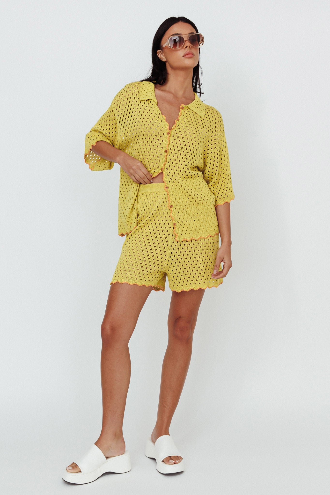 Just A Hunch Button Crochet Shirt Avocado/Pumpkin by Selfie Leslie