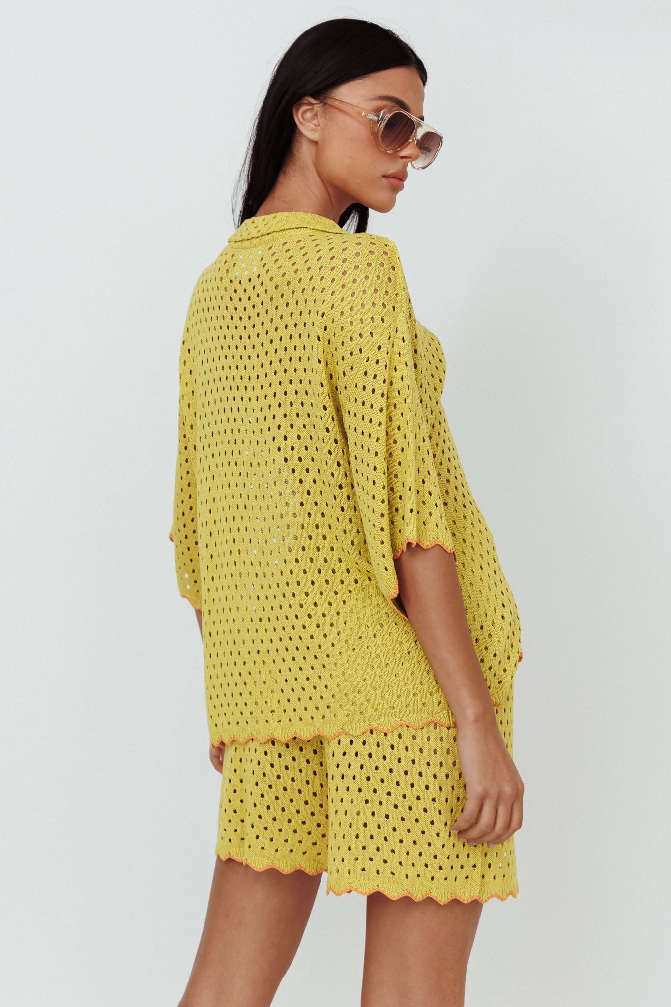 Just A Hunch Button Crochet Shirt Avocado/Pumpkin by Selfie Leslie