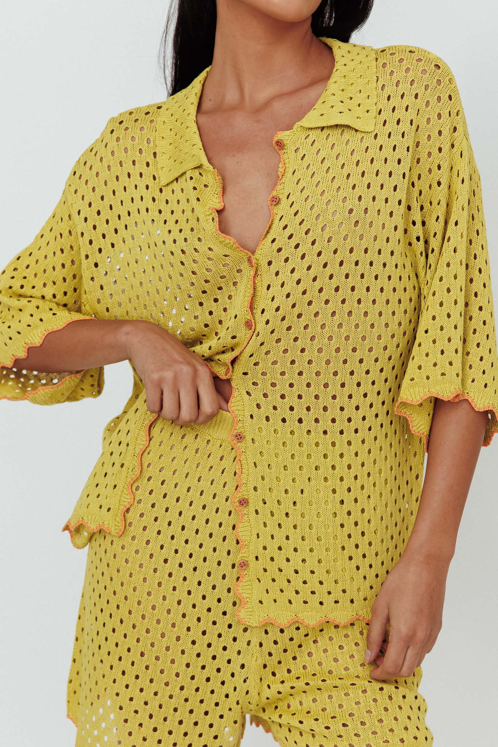 Just A Hunch Button Crochet Shirt Avocado/Pumpkin by Selfie Leslie