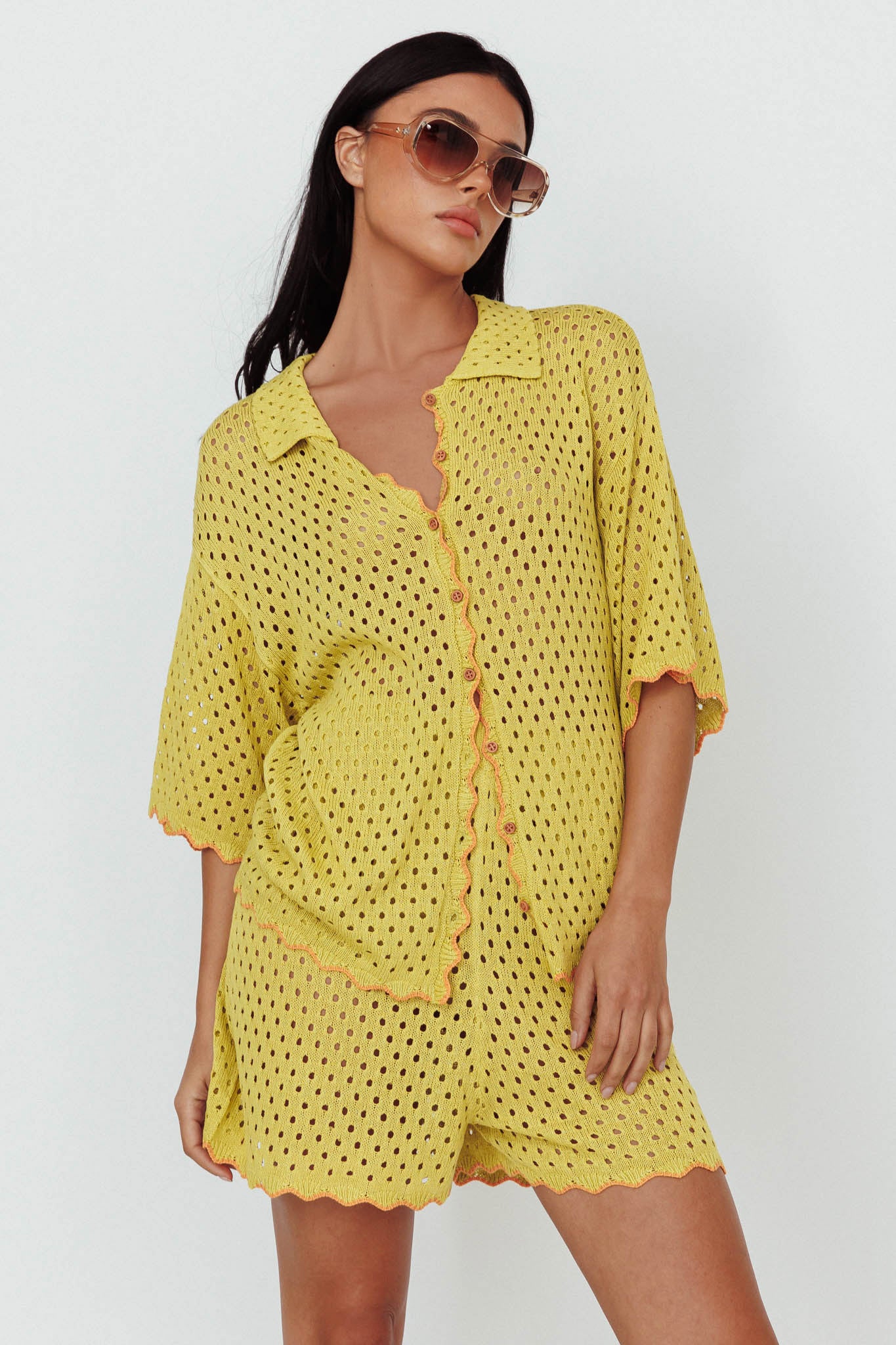 Just A Hunch Button Crochet Shirt Avocado/Pumpkin by Selfie Leslie