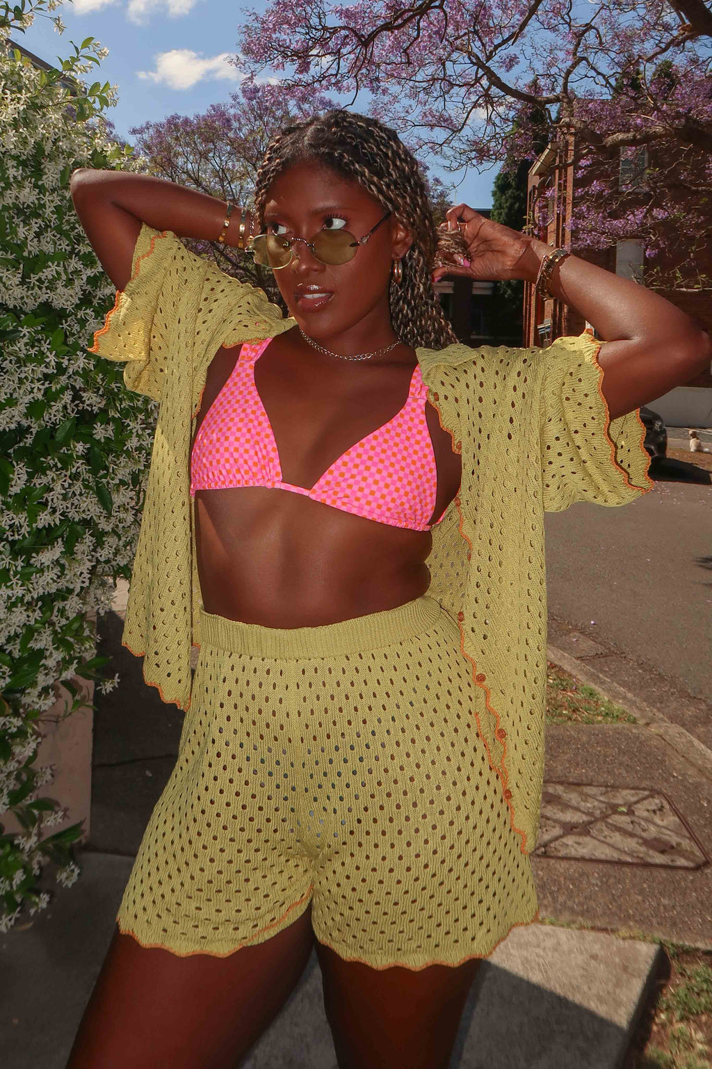 Just A Hunch Button Crochet Shirt Avocado/Pumpkin by Selfie Leslie