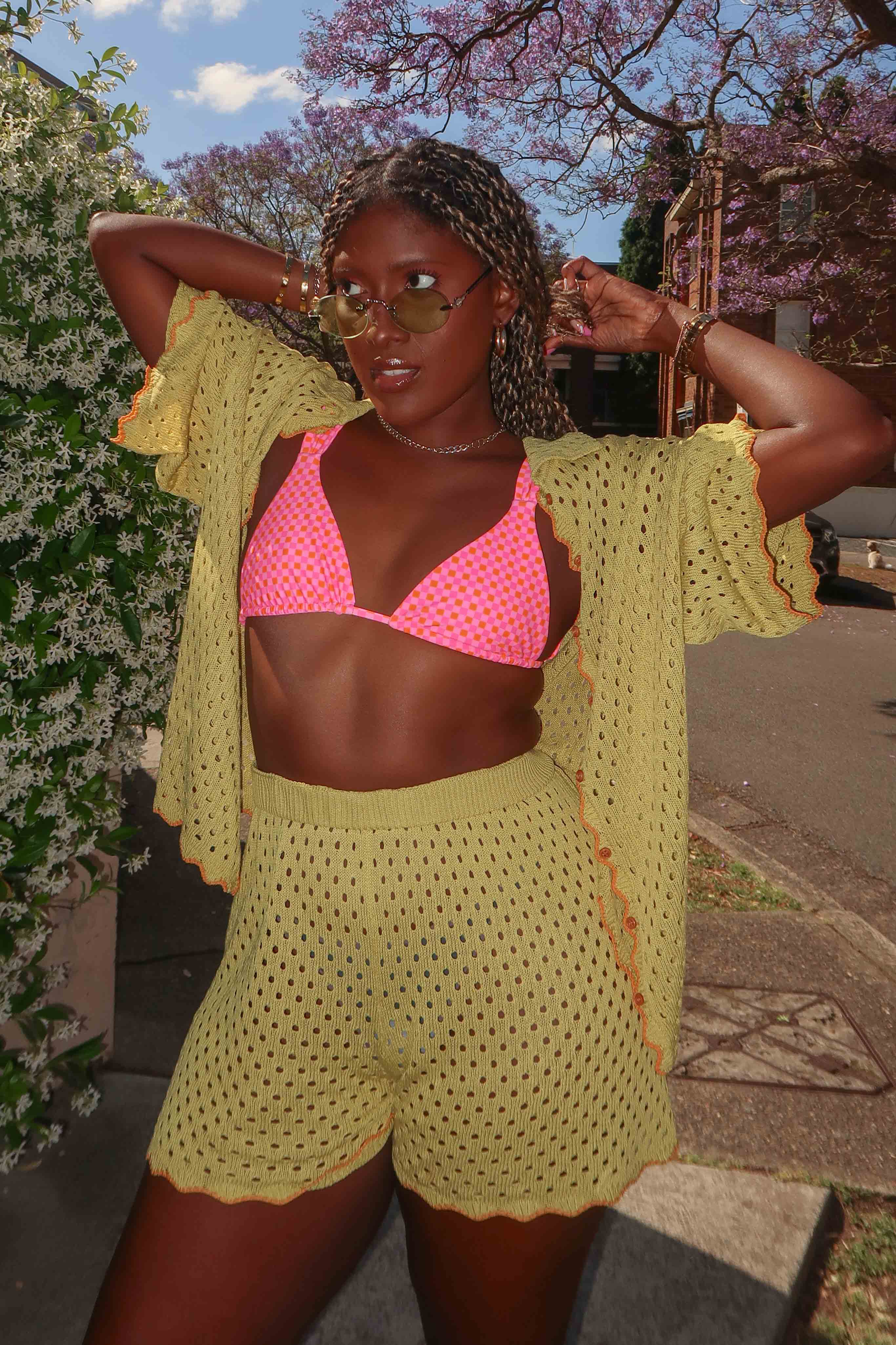 Just A Hunch Button Crochet Shirt Avocado/Pumpkin by Selfie Leslie
